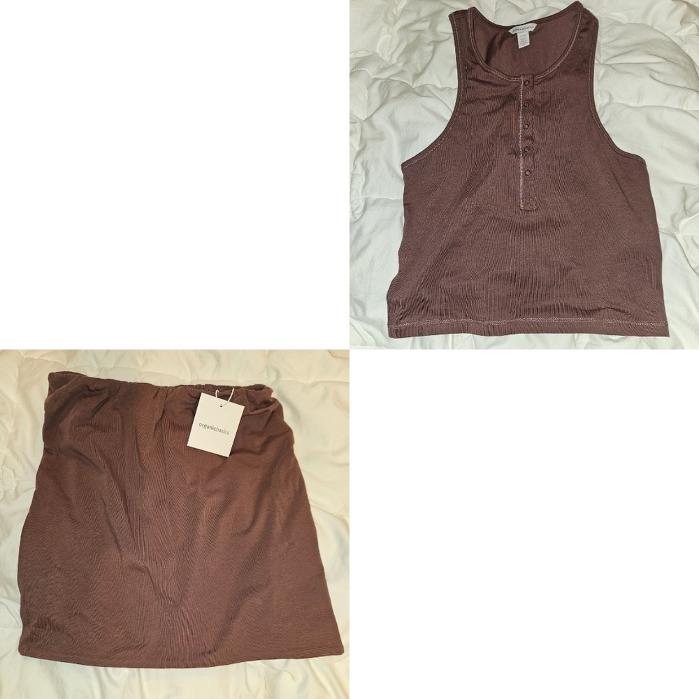 Organic Basics Skirt & Racerback Henley Top Cotton Matching Set Rose Wood